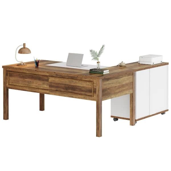BYBLIGHT Capen 63 in. White and Brown L-Shaped Executive Desk with Reversible File Cabinet, Home Office Table Business Furniture