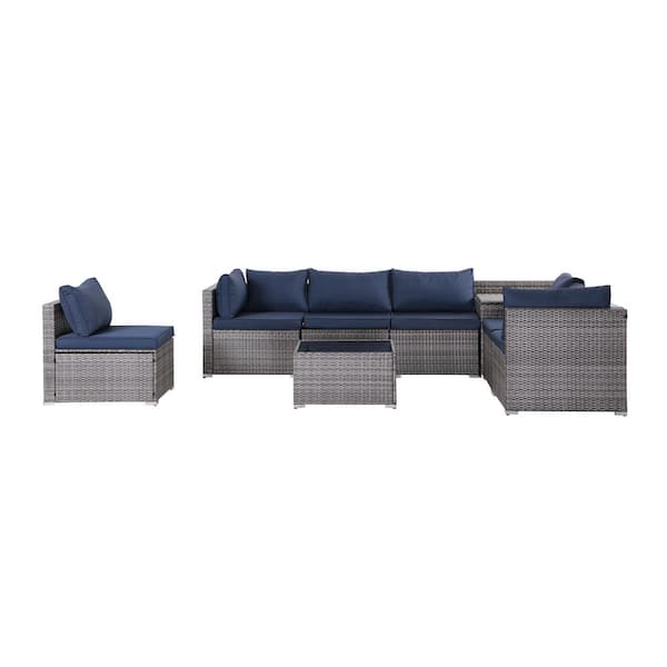 Tenleaf 8-Piece Gray Wicker Patio Conversation Set with Navy Blue Cushions, Corner Storage Box