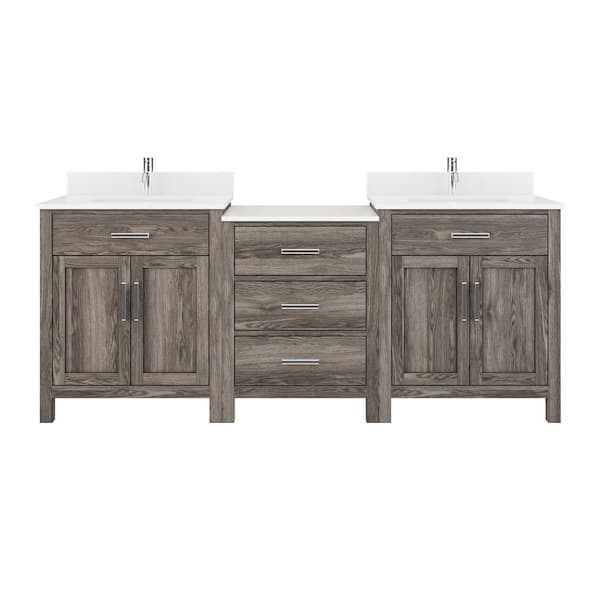 ART BATHE Kali 84 in. W x 22 in. D Bath Vanity in Gray Diamond Quartz Top with White Sink Power Bar and Drawer Organizer