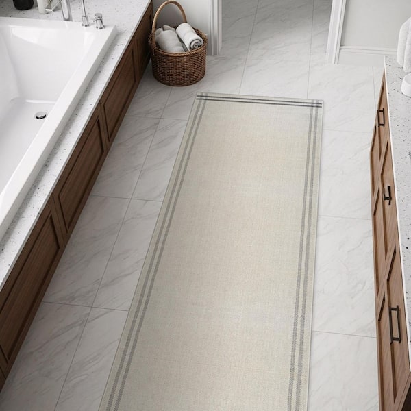 Haven 2 ft. x 7 ft. Bone Border Striped Washable Easy Jute Modern Indoor Outdoor Runner Rug