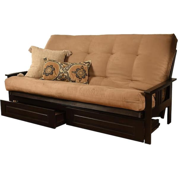 85 in. Espresso/Suede Peat Polyester Upholstered Queen Size Futon Set with Mattress and Storage Drawers