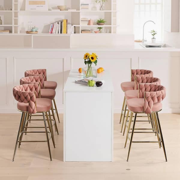 26 in. Braided Bar Stools Set - Counter Height Metal Kitchen Island Stools with Back Support, Pink Bar Chairs Set of 6