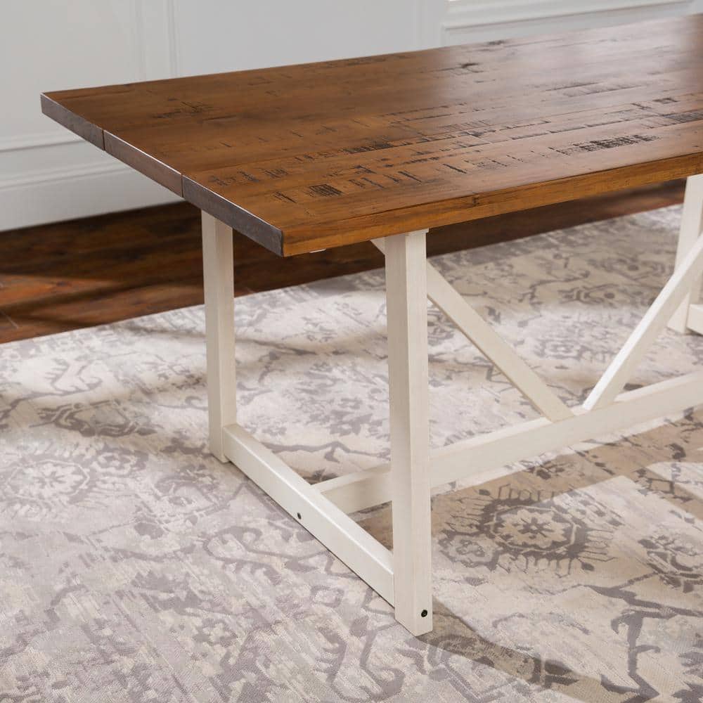 72" Rustic Oak and White Solid Wood Trestle Dining Table