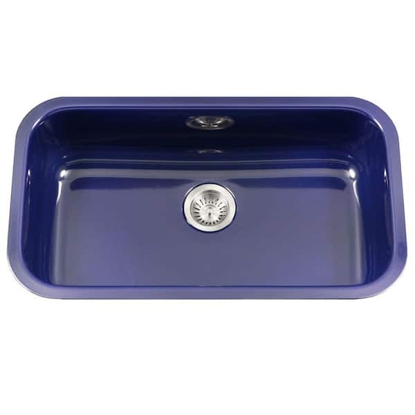 HOUZER Porcela Series Undermount Porcelain Enamel Steel 31 in. Large Single Bowl Kitchen Sink in Navy Blue