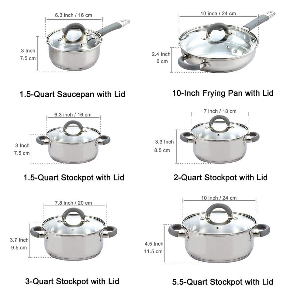 12-Piece Stainless Steel Cookware Set with Glass Lids and Silicone Handles
