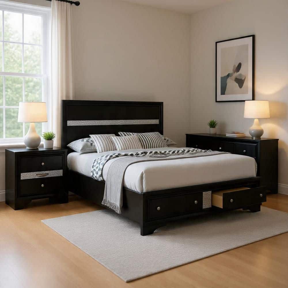 3-Piece Black and Silver Wood Queen Bedroom Set with 2-Nightstands price history on PriceWatchPro