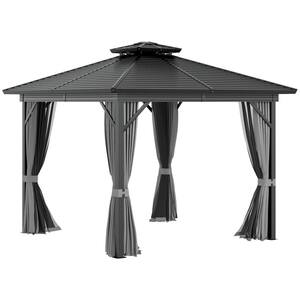 2-Tier 10 ft. x 10 ft. Black and Grey Aluminum Hardtop Patio Gazebo with Breathable Mesh Netting and Privacy Sidewalls
