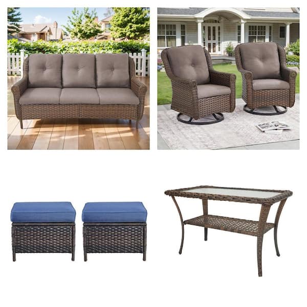 Chrysanthemum Brown Wicker Patio Set: 3-Seat Sofa, 2-Pack Swivel Gliders, 2-Pack Ottomans, and Side Table