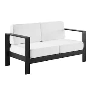 Kelten Powder Black Aluminum Outdoor Loveseat with Polyester White Cushions