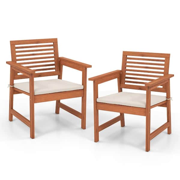Costway Solid Wood Outdoor Dining Chair Patio Chairs with Comfortable Off White Cushions (Set of 2)