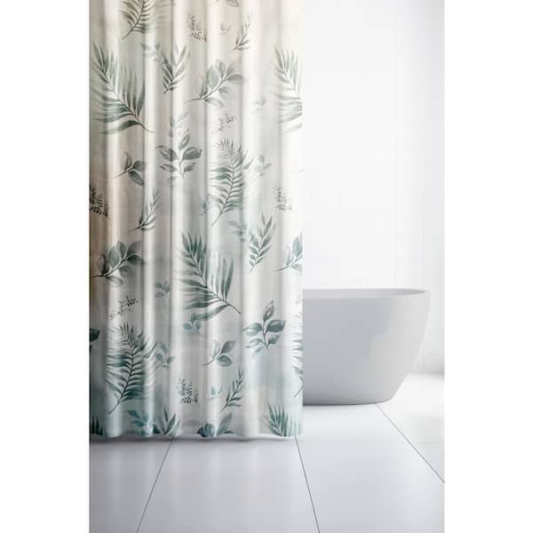 54 in. x 78 in. Rothbury Green Leaf Pattern Fabric Shower Polyester Curtain