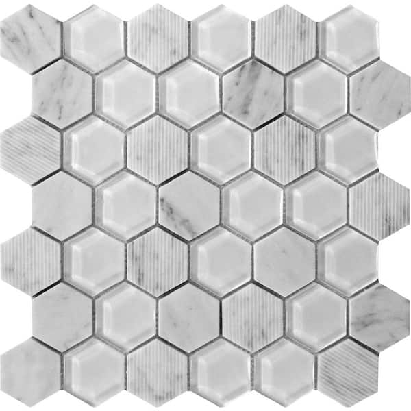 Apollo Tile Gray 11.8 x 12 in. Hexagon Glass and Marble Polished and Etched Mosaic Floor and Wall Tile(5-Pack)(4.92 sq. ft./Case)