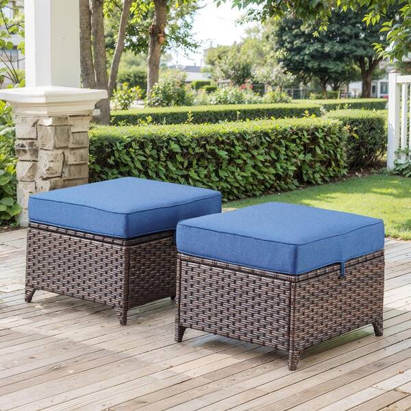 moosprr Luxurious Brown Wicker Outdoor Ottoman with Blue Cushions and Fastening Loop (2-Pack)