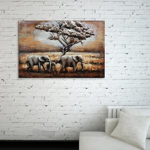 "Elephants" Mixed Media Iron Hand Painted Dimensional Wall Decor
