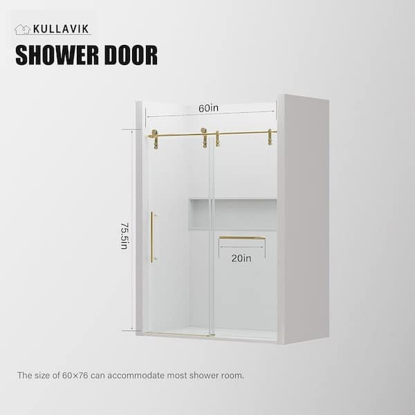 56-60 in. W x 76 in. H Sliding Frameless Glass Shower Door, Handle and Seal Strip, Stainless Steel Hardware, Golden