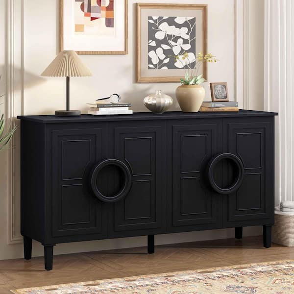 Black Wood 58.9 in. Sideboards with French-Inspired and 4-Doors