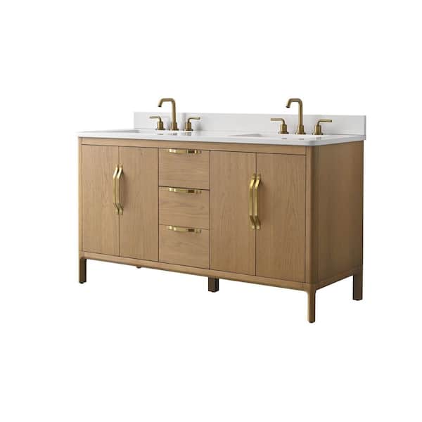 60 in. Double Sink Freestanding Bath Vanity with White Engineered Stone Top Power Outlet and Storage Assembled in Brown