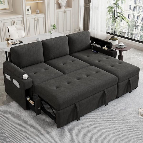 Black 83.5 in. L-shaped Convertible Chenille Queen Size Sofa Bed with Ample Storage Space, 2 Cup Holders and 2 USB Ports