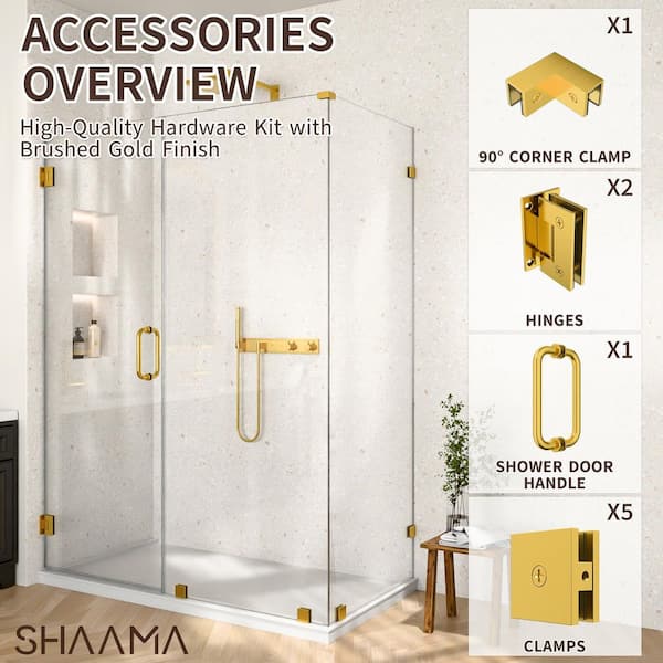 28-32 in. W Corner Shower Door Hardware Pack in Brushed Gold Includes Corner Clamp, 2 Hinges, 5 Clamps, Handle(1-Pair)