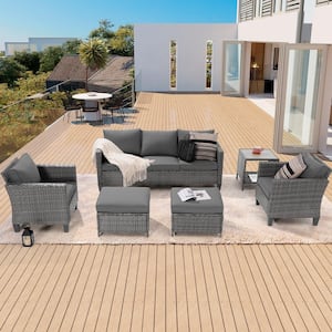 6-Piece Patio Sofa Set Gray Wicker Outdoor Furniture Set with Coffee Table, Gray