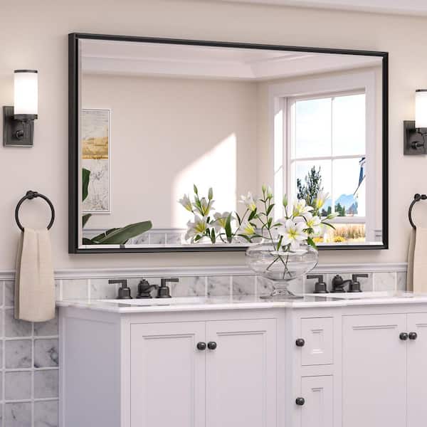 60 in. W x 36 in. H Rectangular Framed Beveled Edge Wall Bathroom Vanity Mirror in Black