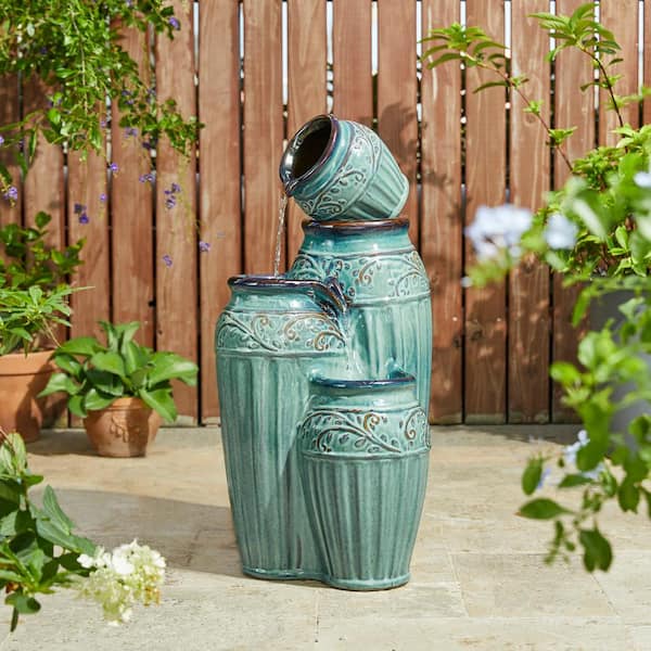 Glitzhome 27.25 in. H 4-Tier Turquoise Embossed Pattern Outdoor Ceramic Pots Fountain with Pump and LED Light