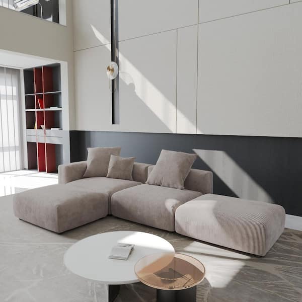 129.92 in. Square Arm Corduroy Velvet 4-Pieces Modular Free Combination Sectional Sofa with Ottoman in. Brown