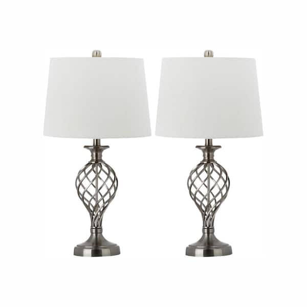 SAFAVIEH Lattice Urn 26.75 in. Nickel Table Lamp with White Shade (Set of 2)