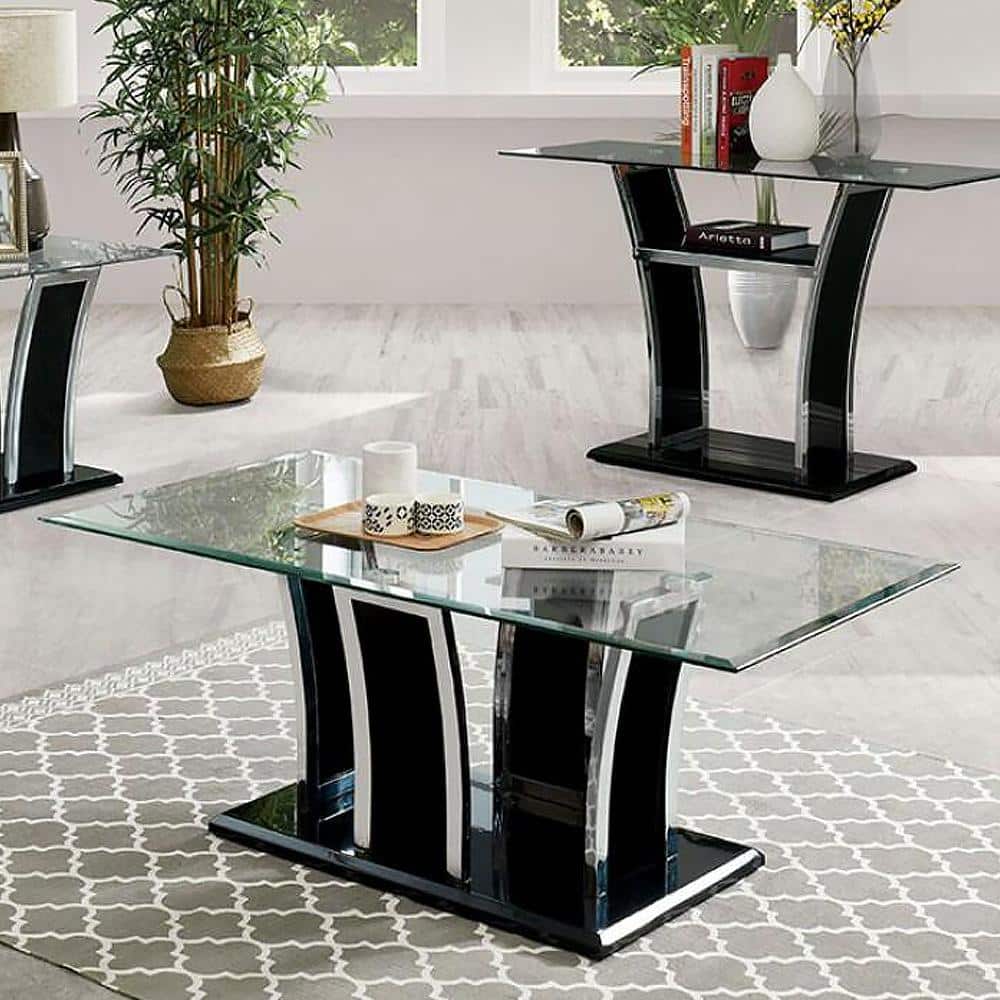 Glossy Black Glass Top Rectangle Coffee Table with Chrome Trim