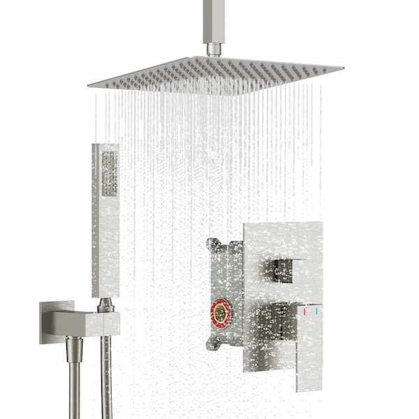 GIVING TREE Single Handle 2-Spray Square Ceiling Mount Shower Faucet with 12 in. Hand Shower in Brushed Nickel (Valve Included)