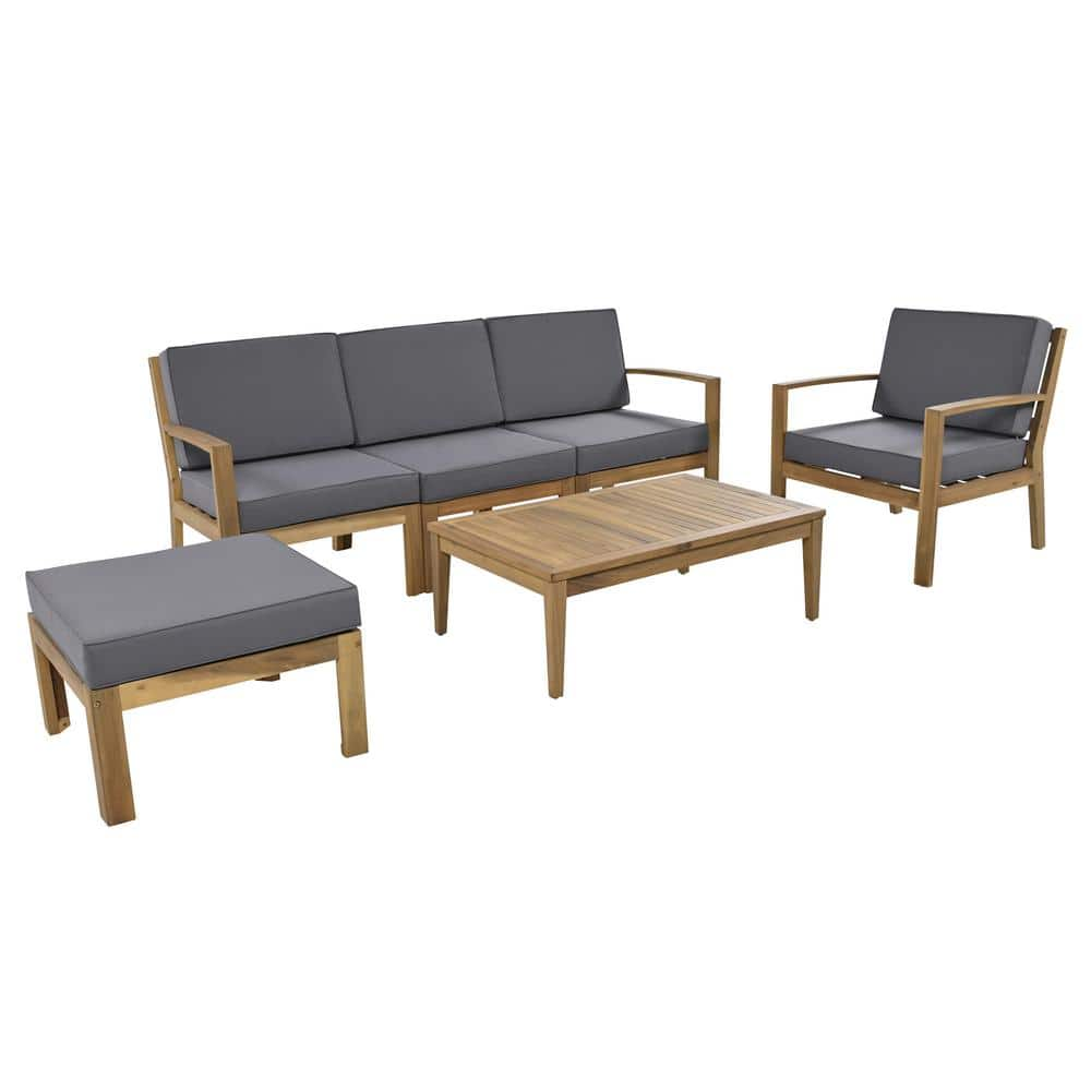 6-Piece Acacia Wood Frame Outdoor Patio Sectional Sofa Set with Grey ...