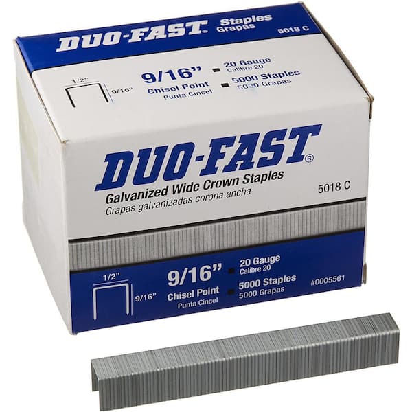 Duo-Fast 5018C 5000 Series 20-Gauge, 1/2 in. Crown, 9/16 in. Leg Fine Galvanized Steel Staple (5,000-Pack)