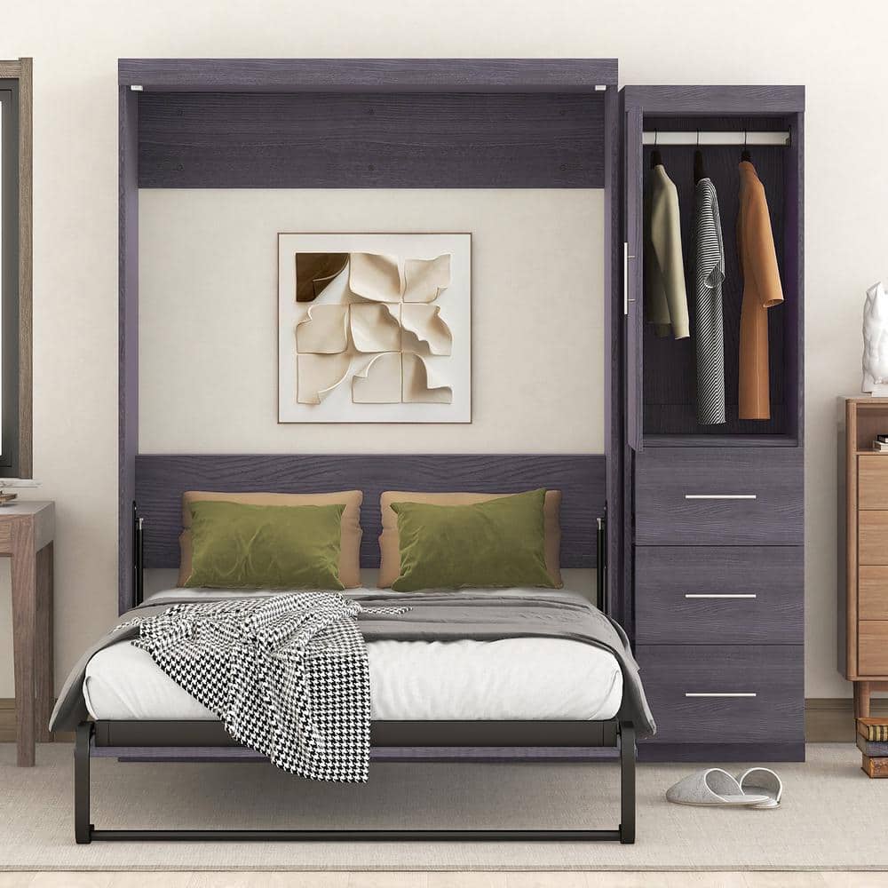Harper & Bright Designs Gray Wood Frame Queen Size Murphy Bed with Rotable  Desk and Storage Shelves QHS174AAE - The Home Depot