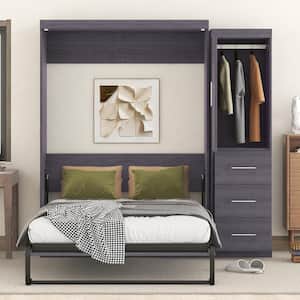 Gray Wood Frame Full Size Murphy Bed with Wardrobe and Three Drawers