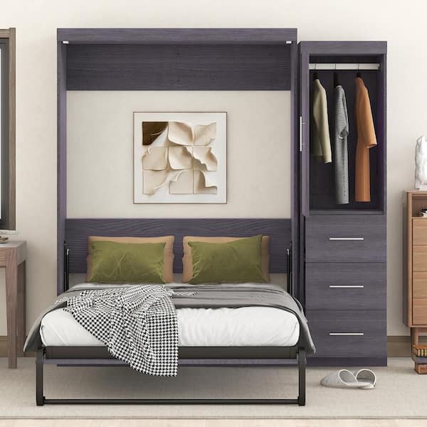 Harper & Bright Designs Gray Wood Frame Full Size Murphy Bed with Wardrobe and Three Drawers