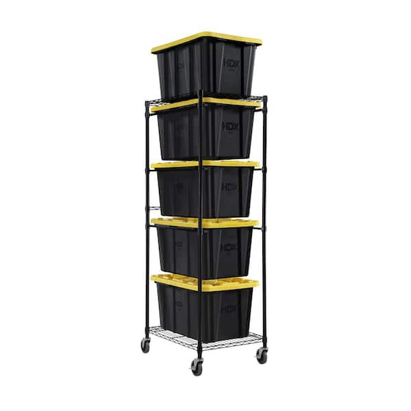 Steel Wire Garage Storage Rack (22 in. x 69 in. x 28.5 in.) and 5-Pack of Yellow 27 Gal. Totes