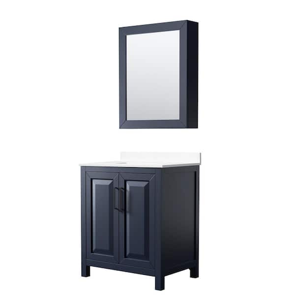 Wyndham Collection Daria 30 in. W x 22 in. D x 35.75 in. H Single Bath Vanity in Dark Blue with White Cultured Marble Top and Mirror