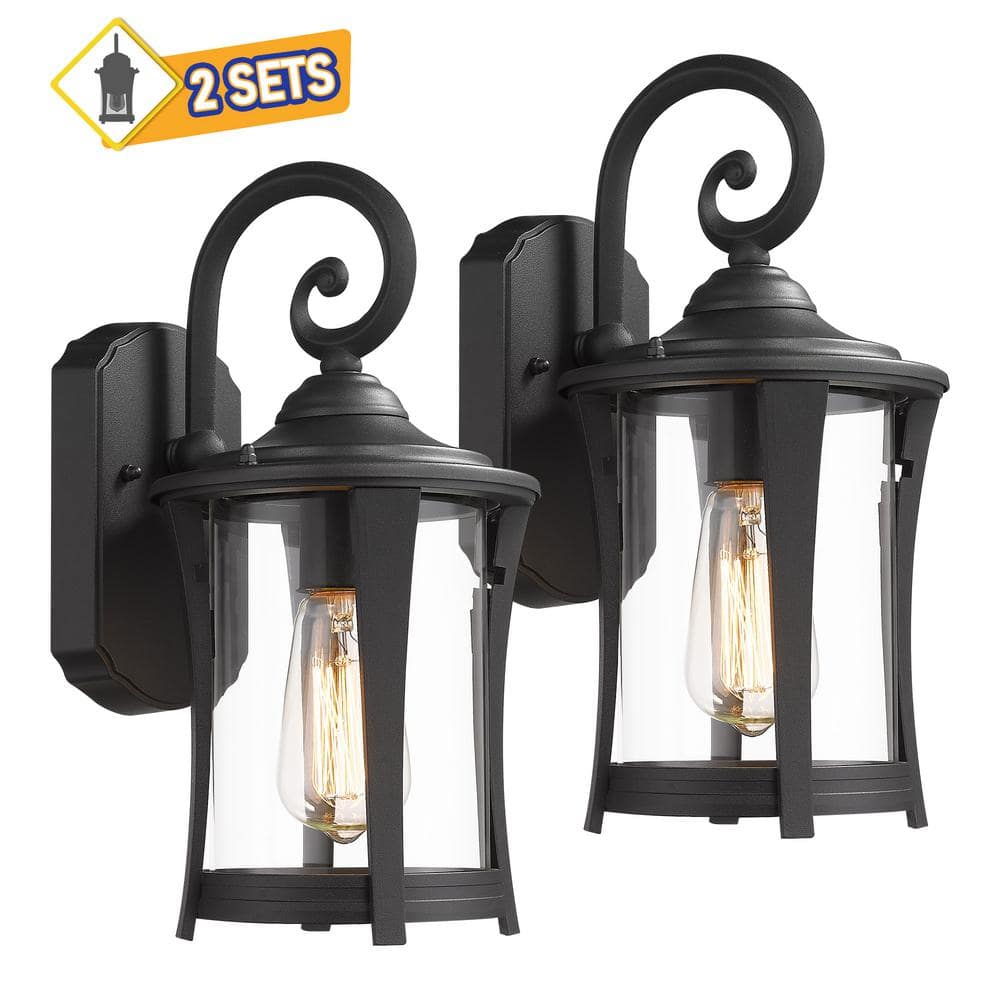 JAZAVA 1-Light Black Hardwired Outdoor Wall Lantern Sconce with Glass ...