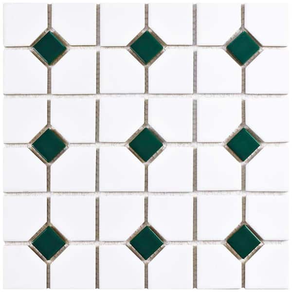 Merola Tile Oxford Matte White with Green Dot 11-1/2 in. x 11-1/2 in. Porcelain Mosaic Tile (9.4 sq. ft./Case)
