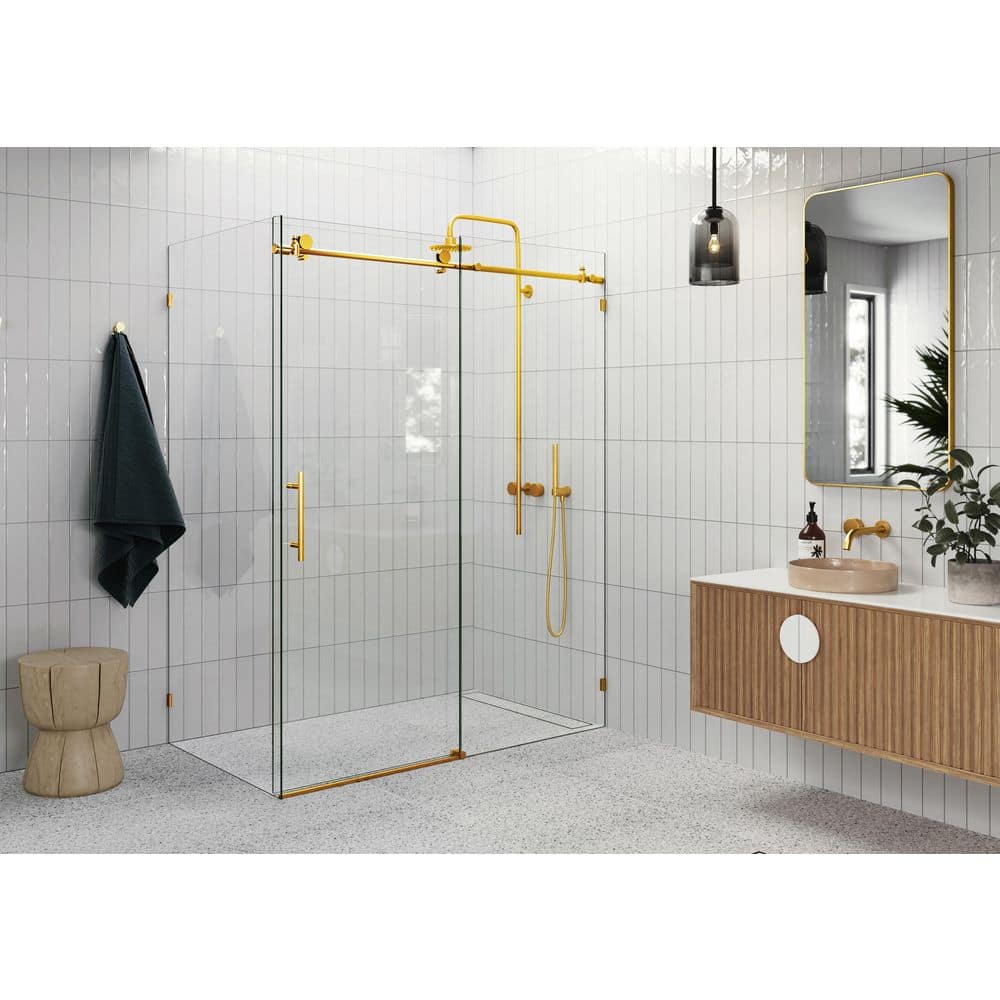 Nova 56 in. Satin Brass Frameless Sliding Glass Shower Enclosure
