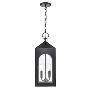 Bratton 18.5 in. 2-Light Powder Coated Black Dimmable Outdoor Hardwired Pendant Light with Clear Glass No Bulbs Included