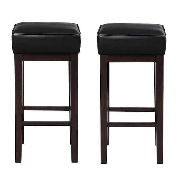 EVERGLADE HOME Kinsale 30.5 in. Espresso Backless Wood Frame Square Bar Stool with Black Faux Leather Seat (Set of 2)