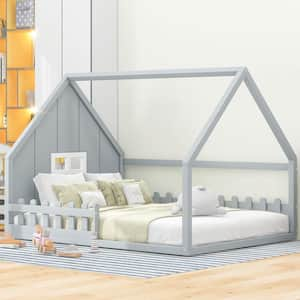 Gray Full Size Wood House Platform Bed with Window and Fence