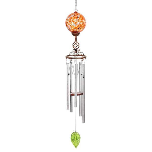 Exhart Solar Orange Ball Metal and Glass Wind Chimes