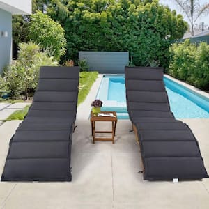 3 -Piece Wood Patio Outdoor Portable Extended Chaise Lounge Set with Foldable Tea Table and Gray Cushions
