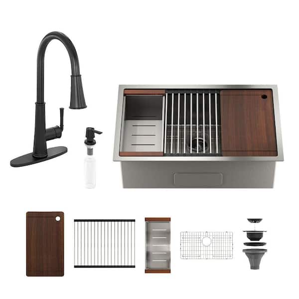 36 in. Undermount Single Bowl Brushed Stainless Steel Kitchen Sink with Matte Black LED Faucet and Accessories Kits