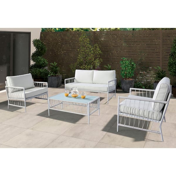 Cemini White 4-Piece Metal Patio Conversation Set with White Cushions