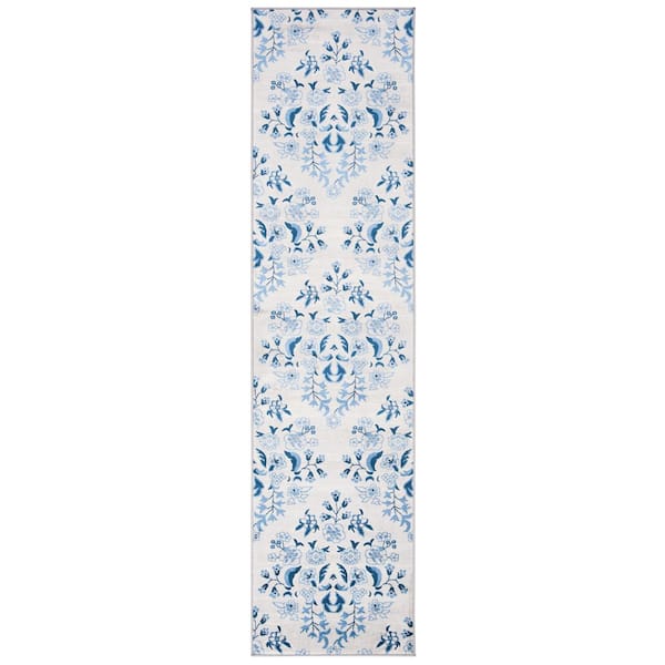 Martha Stewart 2 ft. x 16 ft. Cream/Blue Damask Runner Rug