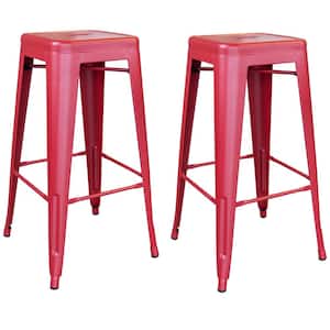 30 in. Red Metal, Backless, Zinc Plated, Outdoor Use Bar Stool (Set of 2)