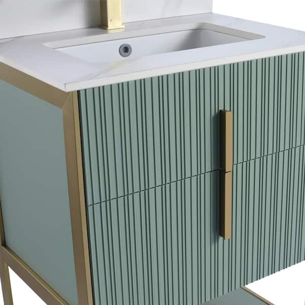 FINE FIXTURES 24 in. W x 18 in. D x 33.5 in. H Bath Vanity in Green with White Carrara Stone Top in White With Satin Brass Hardware